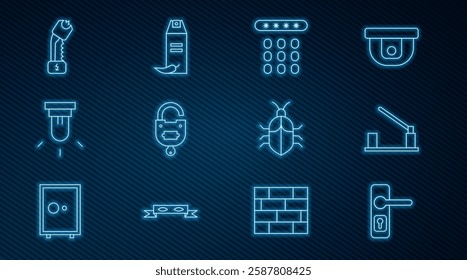 Set line Door handle, Parking car barrier, Password protection, Lock key, Motion sensor, Police electric shocker, System bug concept and Pepper spray icon. Vector