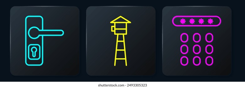 Set line Door handle, Password protection and Watch tower. Black square button. Vector