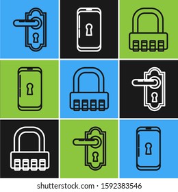 Set line Door handle , Safe combination lock  and Smartphone with lock  icon. Vector