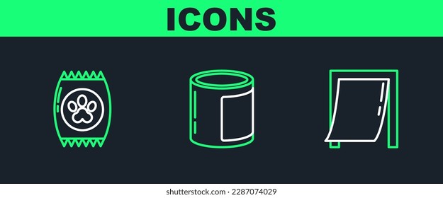 Fijar la puerta de la línea para mascota, Bolsa de comida e icono en lata. Vector