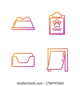 Fijar la puerta para mascotas, cama de mascotas, tazón de comida de mascotas y portapapeles con mascota de registro clínico. Iconos de color de degradado. Vector
