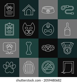 Set line Door for pet, Dog award symbol, Dustpan, Pet food bowl, Cat, Clinical record,  and collar icon. Vector