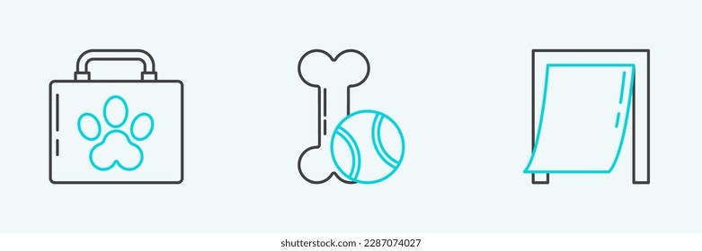 Fijar la puerta de línea para mascotas, kit de primeros auxilios de mascotas y juguetes de goma ósea e icono de bola. Vector