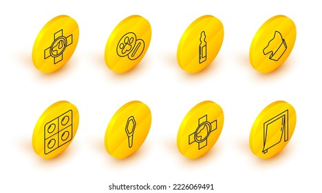 Set line Door for pet, Veterinary clinic symbol, Pets vial medical, Dog and pills, Cat,  and  icon. Vector