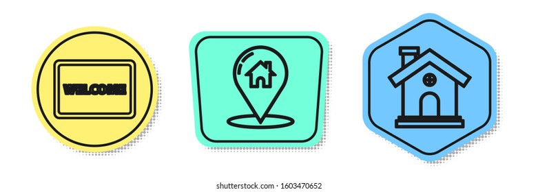 Set line Doormat with the text Welcome, Map pointer with house and House. Colored shapes. Vector