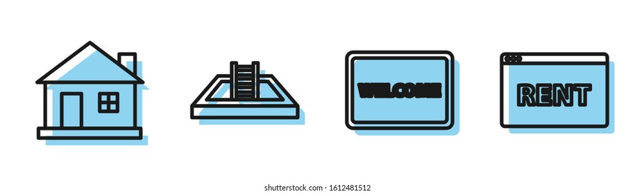 Set line Doormat with the text Welcome, House, Swimming pool with ladder and Hanging sign with text Online Rent icon. Vector