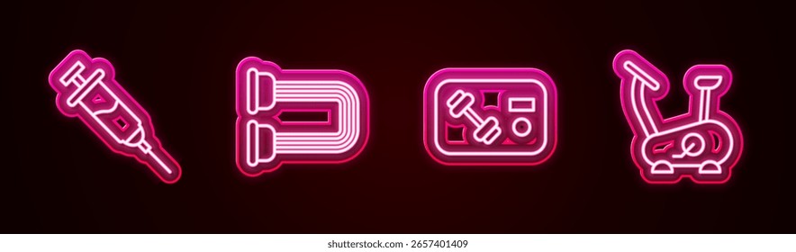 Set line Seringa dopante, expansor do tórax, clube de fitness, cartão de ginástica e bicicleta estacionária. Ícone de néon brilhante. Vetor