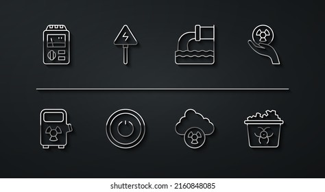 Set Line Dosimeter, Electric Car Charging Station, Radioactive, Acid Rain And Radioactive Cloud, Power Button, High Voltage Sign, Infectious Waste And Wastewater Icon. Vector