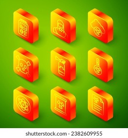 Set line Dosimeter, Nuclear reactor worker, Acid rain and radioactive cloud, Bones skull warning, Fire extinguisher, Meteorology thermometer, Atom and Radioactive waste barrel icon. Vector