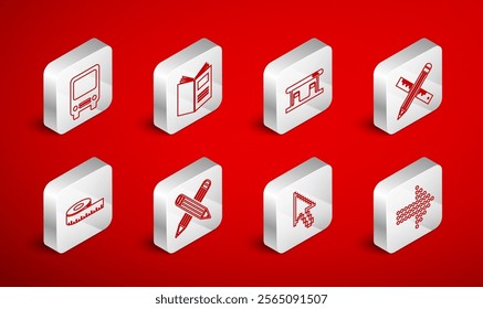 Set line Dots arrow, Open book, Gas filling station, Crossed ruler and pencil, Pixel cursor, Bus,  and Tape measure icon. Vector