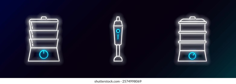 Set line Double boiler,  and Blender icon. Glowing neon. Vector