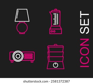 Set line Double boiler, Blender and Table lamp icon. Vector