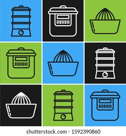 Set line Double boiler , Citrus fruit juicer  and Slow cooker  icon. Vector
