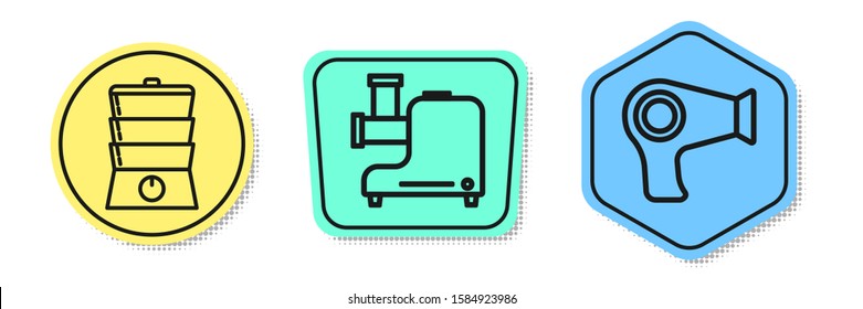 Set line Double boiler , Kitchen meat grinder  and Hair dryer . Colored shapes. Vector