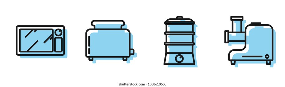 Set line Double boiler , Microwave oven , Toaster with toasts  and Kitchen meat grinder  icon. Vector