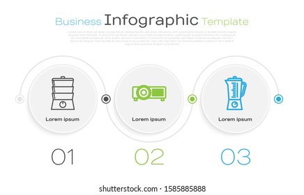 Set line Double boiler , Presentation, movie, film, media projector  and Blender . Business infographic template. Vector