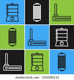 Set line Double boiler , Router and wi-fi signal  and Stereo speaker  icon. Vector