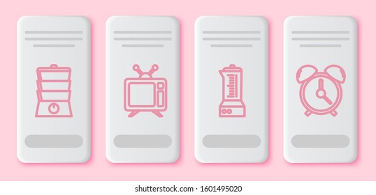 Set line Double boiler , Television, Blender  and Alarm clock . White rectangle button. Vector
