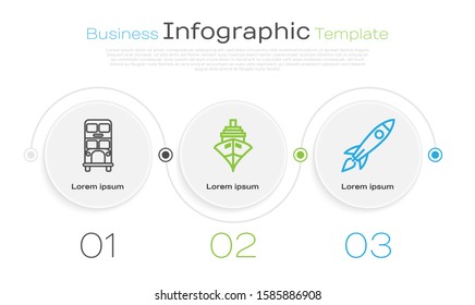 Set line Double decker bus, Cargo ship and Rocket ship with fire. Business infographic template. Vector