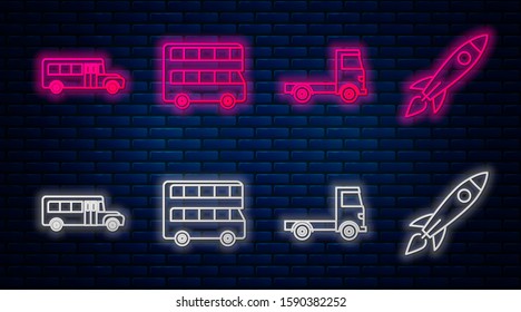 Set line Double decker bus, Delivery cargo truck vehicle, School Bus and Rocket ship with fire. Glowing neon icon on brick wall. Vector