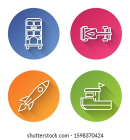 Set line Double decker bus, Formula race car, Rocket ship with fire and Fishing boat. Color circle button. Vector