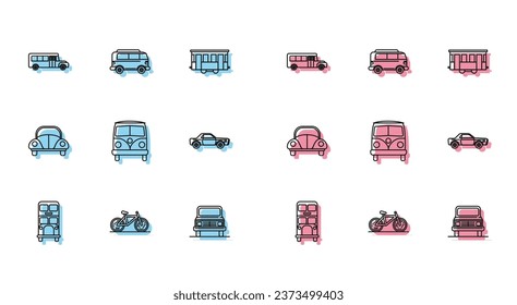 Set line Double decker bus, Bicycle, School Bus, Car, Retro minivan, Sedan car,  and  icon. Vector