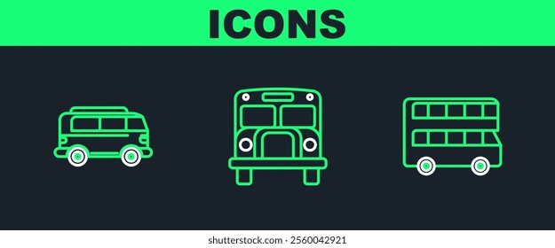 Set line Double decker bus, Retro minivan and School Bus icon. Vector