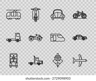 Línea de juego Autobús de dos pisos, avión, coche, vehículo de carga de entrega, tranvía y ferrocarril, vehículo todo terreno o motocicleta ATV, barco de carga e icono de sedán. Vector
