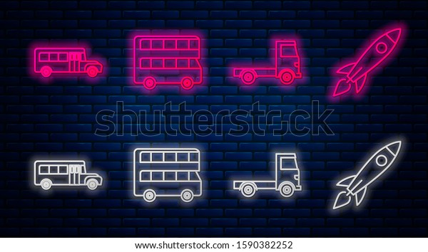 Set line Double decker bus, Delivery cargo truck\
vehicle, School Bus and Rocket ship with fire. Glowing neon icon on\
brick wall. Vector