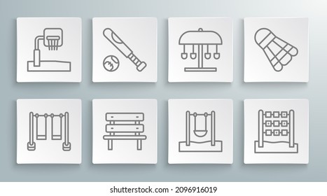 Set line Double swing, Baseball bat with ball, Bench, Swing, Tic tac toe game, Attraction carousel, Badminton shuttlecock and Basketball backboard icon. Vector
