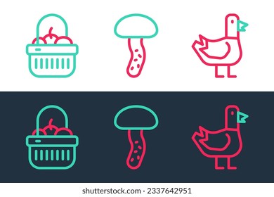 Set line Dove, Basket and food and Mushroom icon. Vector