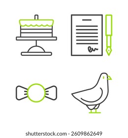 Set line Dove, Bow tie, Marriage contract and Cake plate icon. Vector