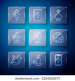 Set line Dove, Burning candle in candlestick, Christian cross on phone, church tower, Location building, Church sermon tribune,  and with globe icon. Vector