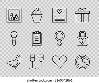 Fijar línea Paloma, Reloj, Tarjeta de saludo, Vidrio de champán, Foto familiar, Portapapeles con lista de control, Corazón y bloqueo e icono del corazón. Vector
