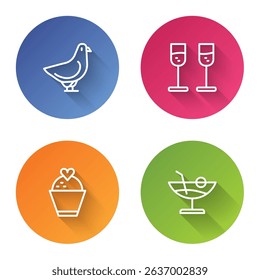 Set line Dove, Glass of champagne, Wedding cake with heart and Cocktail. Color circle button. Vector