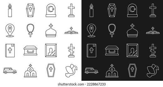Set line Dove, Grave mit Kreuz, Heiliges Bibelbuch, muslimischer Friedhof, Christian auf Kette, Coffin, Burning Kerze und Kirchturm Symbol. Vektorgrafik