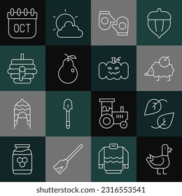 Set line Dove, Leaf, Hedgehog, Christmas mitten, Pear, Hive for bees, October calendar autumn and Pumpkin icon. Vector