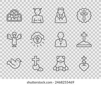 Set line Dove, Religious cross in heart, Monk, Christian, Stained glass, circle, Priest and Grave with icon. Vector