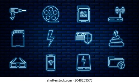 Fijar la flecha de descarga de línea con carpeta, Mierda, tarjeta SD, relámpago, máquina de perforación, protección de dinero e icono de carrete de película. Vector