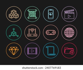 Set line Download arrow with folder, Earth globe, Smartphone heart rate, Router and wi-fi, Isometric cube, Gamepad and Paper scroll icon. Vector
