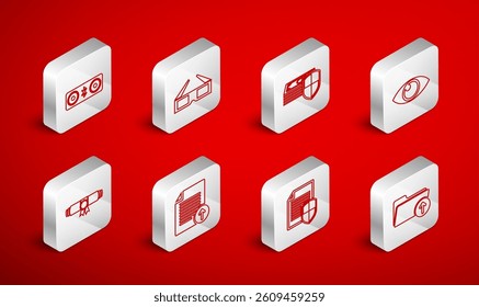 Set line Download arrow with folder, 3D cinema glasses, Money protection, Eye, Document, speakers, Upload file and Diploma rolled scroll icon. Vector