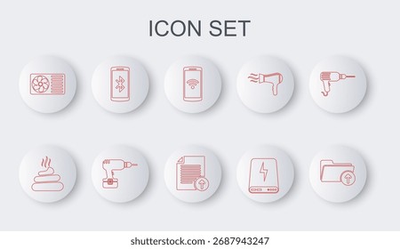 Fije la flecha de la Descarga de la línea con la carpeta, mierda, Smartphone inalámbrico, banco del poder, aire acondicionado, taladro de la máquina y el icono del archivo del Cargar. Vector