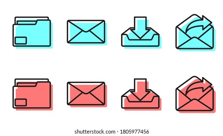 Set line Download inbox, Document folder, Envelope and Outgoing mail icon. Vector