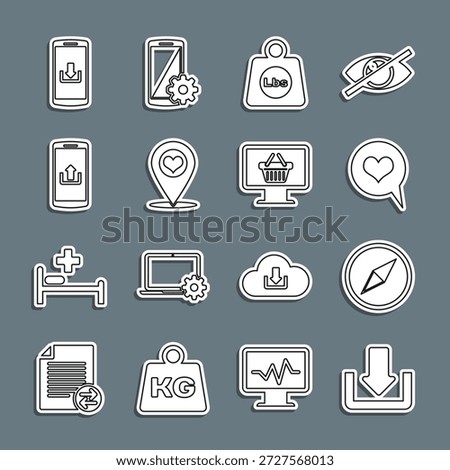 Set line Download, Wind rose, Heart speech bubble, Weight pounds, Map pointer with heart, Smartphone upload, download and Monitor shopping basket icon. Vector