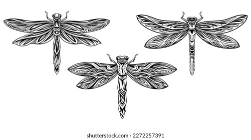 Set of line dragonflies. Collection of insects with beautiful patterns. Aesthetics and elegance. Vintage tattoo of geometric sketch. Cartoon flat vector illustrations isolated on white background