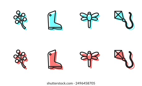 Línea de juego Libélula, rama de árbol de flor, guantes de goma e icono de cometa. Vector