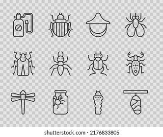 Set line Dragonfly, Butterfly cocoon, Beekeeper hat, Spider in jar, Pressure sprayer, Ant, Larva insect and Beetle deer icon. Vector