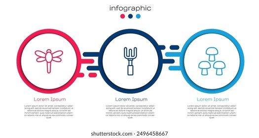 Set line Dragonfly, Garden rake and Mushroom. Business infographic template. Vector