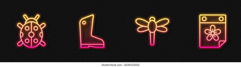Set line Libélula, Mariquita, Guantes de goma y Calendario con flor. Icono de neón brillante. Vector