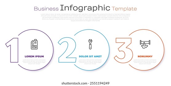 Set line Botella limpiadora de drenaje, llave llave inglesa y tubo roto. Plantilla de infografía de negocios. Vector